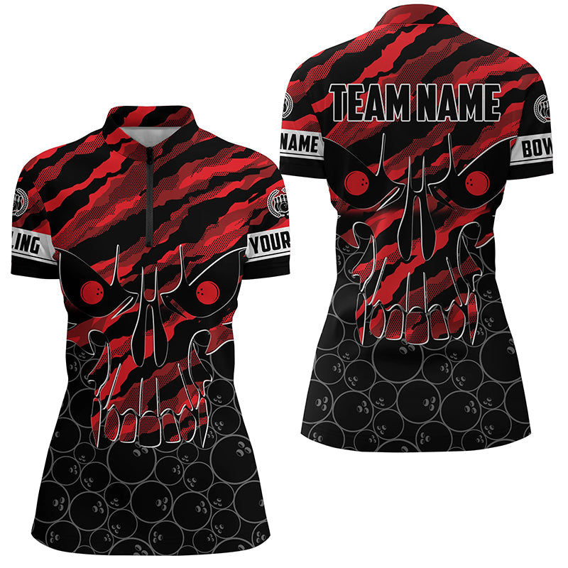 Women's Red Camo Skull Bowling Quarter Zip Shirt - Custom Team Name N7321
