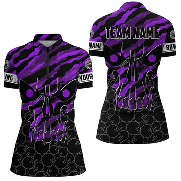 Women's Purple Camo Skull Bowling Quarter Zip Shirt - Custom Team Name N7322