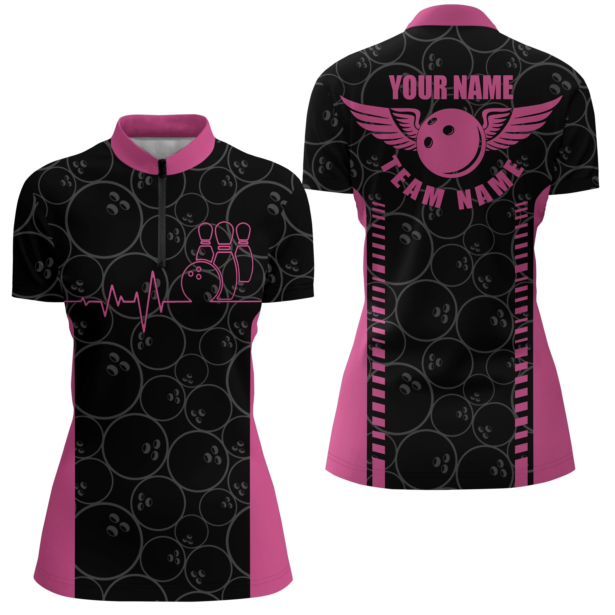 Personalised Pink Quarter-Zip Bowling Shirts for Women N5522