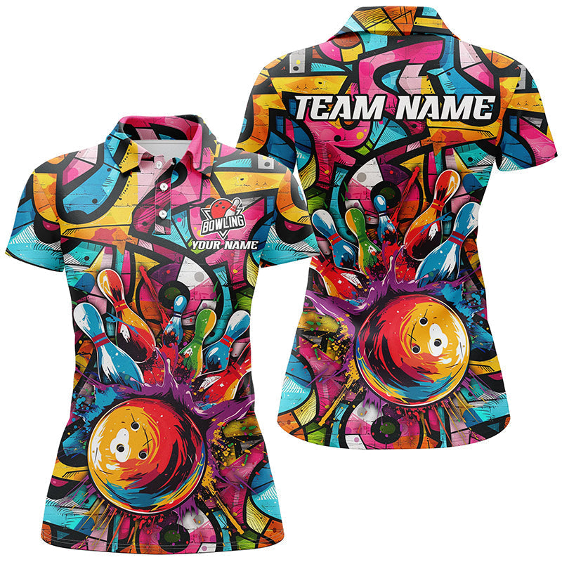 Women's Colourful Graffiti Bowling Polo, Quarter Zip Team Jersey N7664
