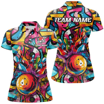 Women's Colourful Graffiti Bowling Polo, Quarter Zip Team Jersey N7664