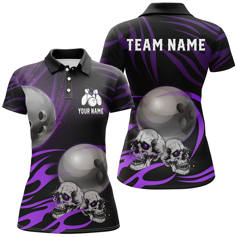 Black Ladies Bowling Polo, Quarter Zip, Custom Skull, Purple N7665