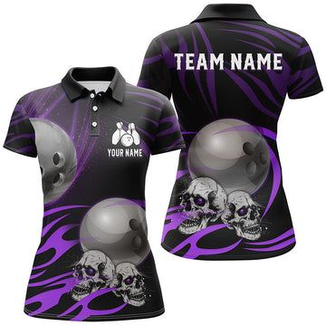 Black Ladies Bowling Polo, Quarter Zip, Custom Skull, Purple N7665