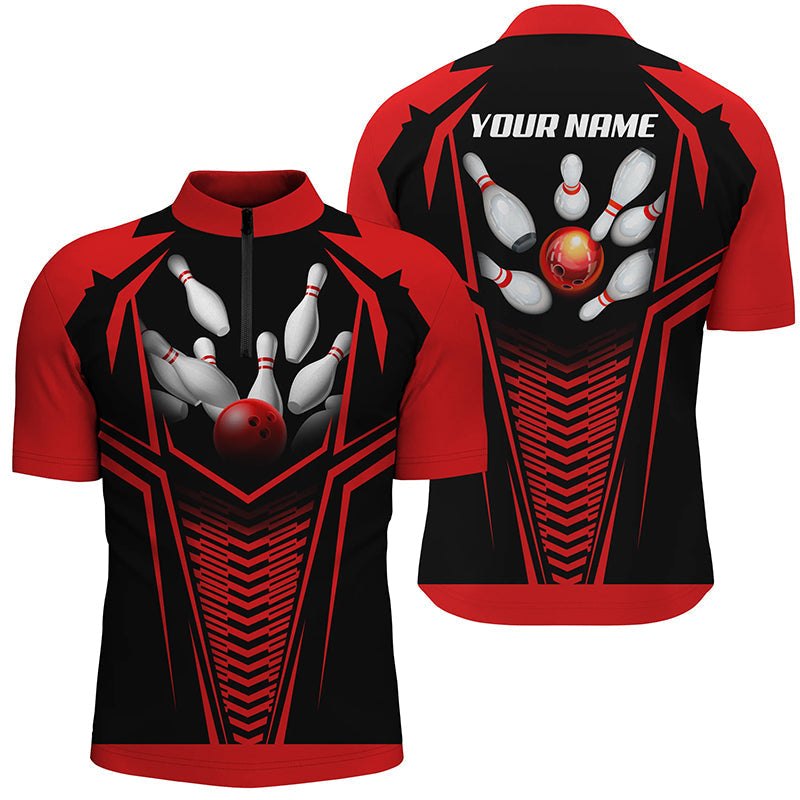 Men's Red & Black Bowling Quarter Zip Shirt with Custom Name N4399