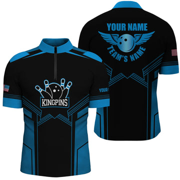 Men's Custom Blue & Black Bowling Quarter Zip Shirt N4770