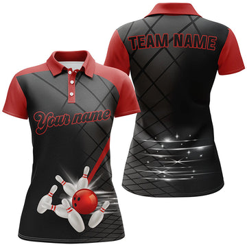 Custom Women's Black & Red Bowling Polo Shirt N7176