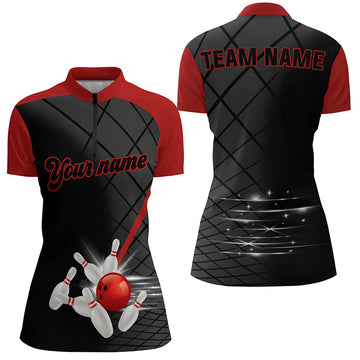 Women's Custom Black & Red Bowling Quarter Zip Jersey N7176