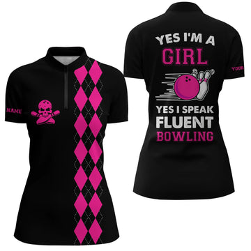 Women's Pink Argyle Bowling Quarter Zip Shirt N5011