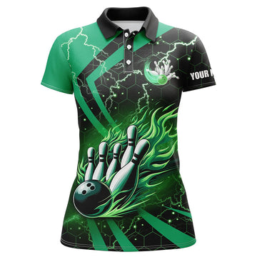 Women's Black & Green Flame Bowling Polo Shirt N7513