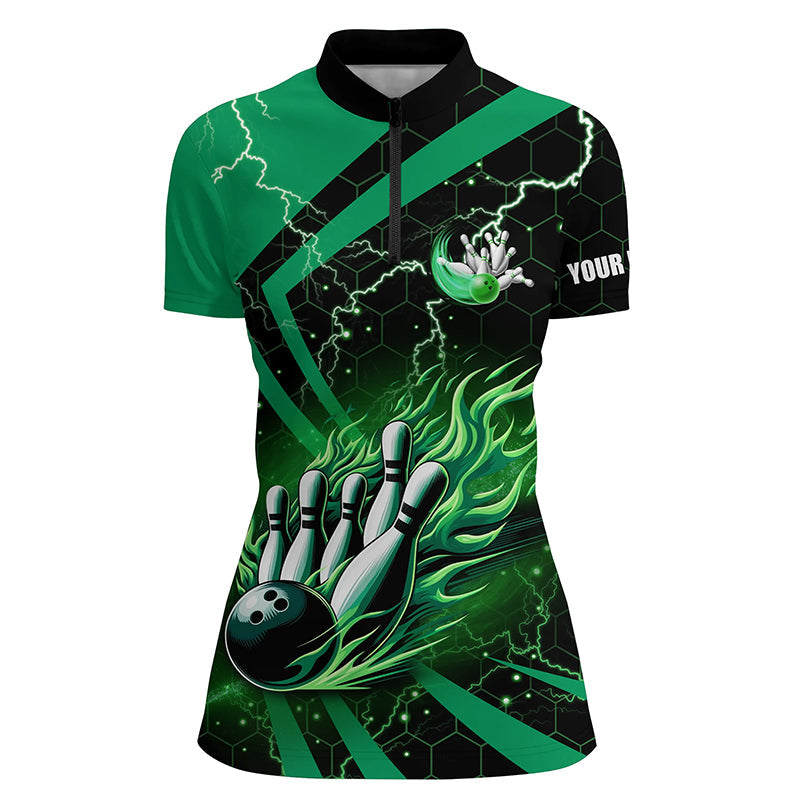 Women's Black & Green Flame Bowling Quarter Zip Shirt N7513