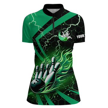 Women's Black & Green Flame Bowling Quarter Zip Shirt N7513