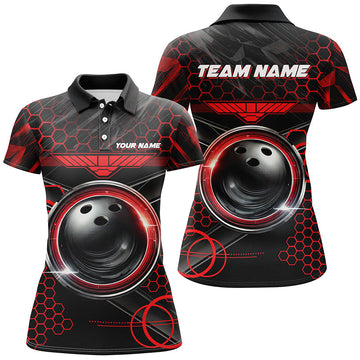 Women's Custom Bowling Shirts - Black & Red Hexagon Pattern N8327