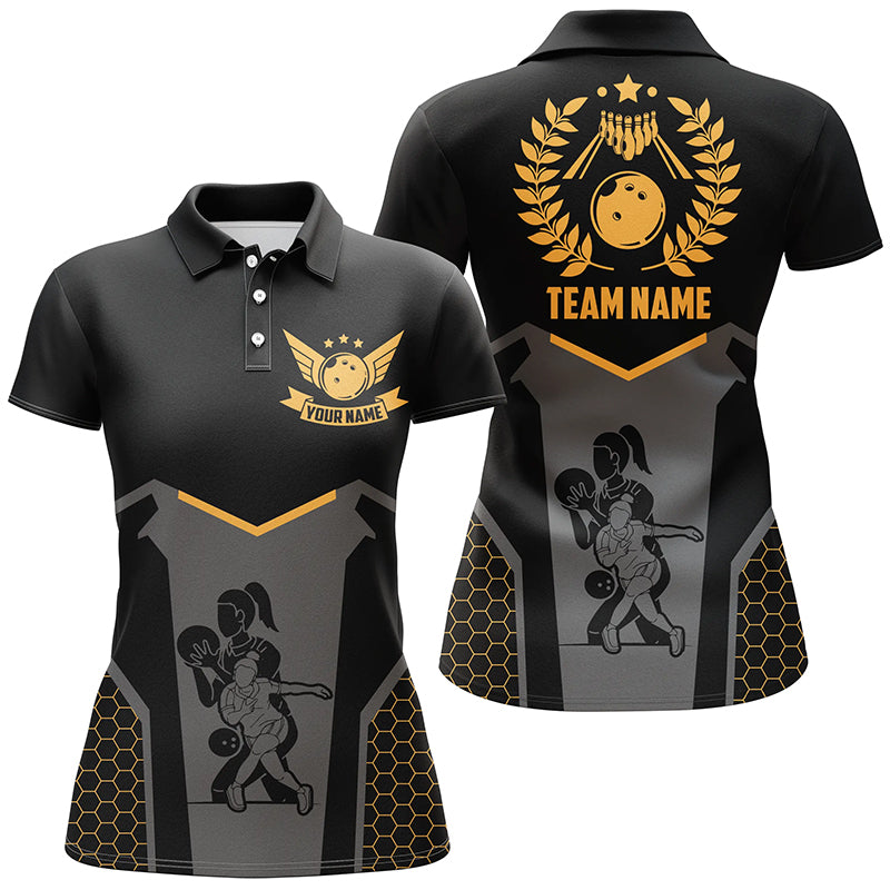 Women's Black Retro Bowling Polo Shirt with Yellow Accents N6673