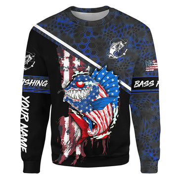 American Flag angry Bass fishing blue camo Custom fishing tournament Sweatshirt NPQ570