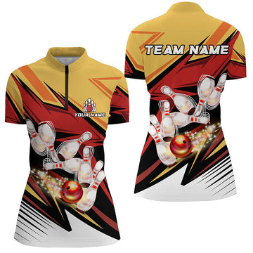 Women's Yellow & Red Camo Bowling Polo, Quarter Zip N7889
