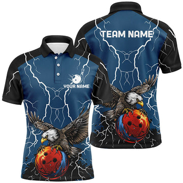 Men's Blue Bowling Polo Shirt - Custom Eagle Lightning Storm Jersey N7893