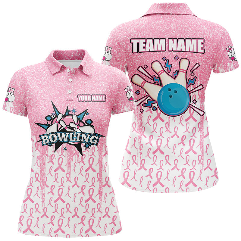 Pink Glitter Women's Bowling Polo 1/4 Zip - Breast Cancer Awareness N8103