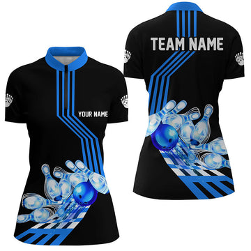 Women's Blue Bowling Quarter Zip Shirt - Custom Team Jersey N7070