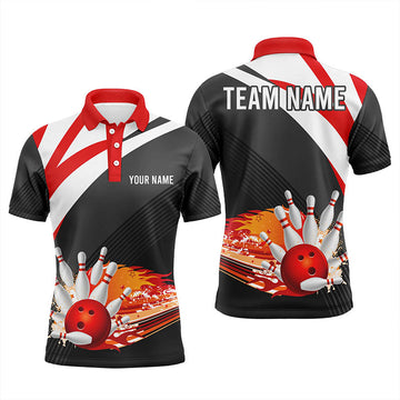 Men's Black/Red Bowling Polo Shirt - Custom Flame Design N7524