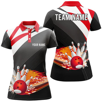 Women's Black & Red Flame Bowling Polo Shirt N7524