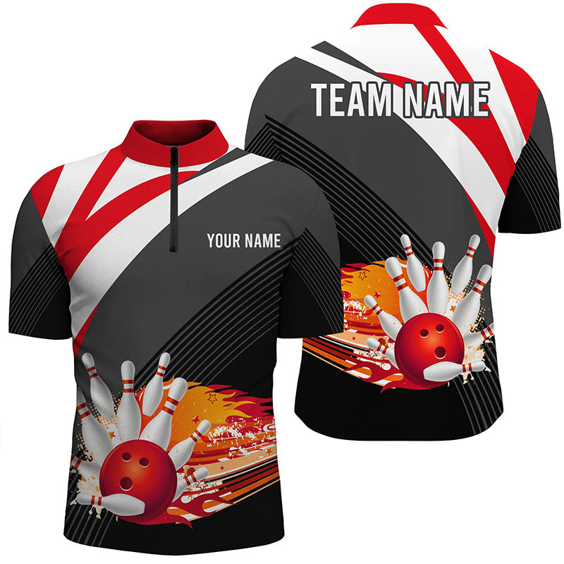 Men's Black/Red Bowling Quarter-Zip Shirt - Custom Flame Design N7524