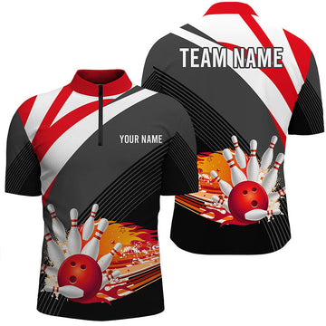 Men's Black/Red Bowling Quarter-Zip Shirt - Custom Flame Design N7524