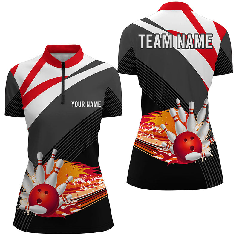 Women's Black/Red Bowling Quarter-Zip Shirt - Flame Design N7524