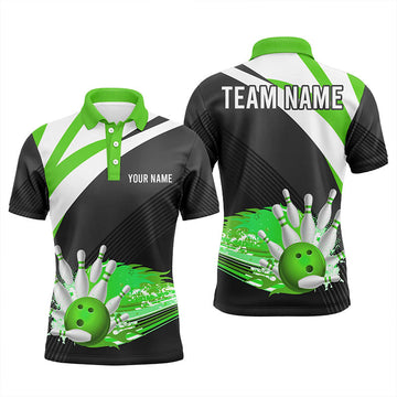 Men's Black & Green Bowling Polo Shirt - Custom Flame Design N7525