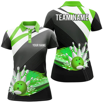 Women's Black & Green Flame Bowling Polo Shirt N7525