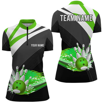 Women's Black & Green Quarter-Zip Bowling Shirt N7525