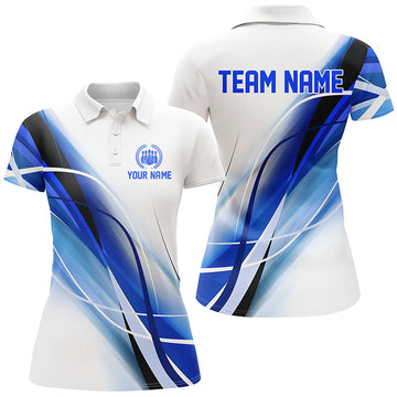 Custom White & Blue Geometric Bowling Shirts for Women N8336
