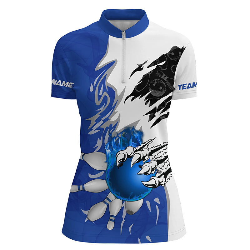 Women's Blue Bowling Quarter Zip Shirt with Flame Design N6460