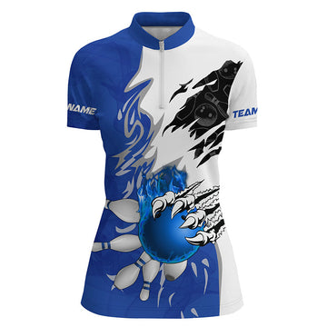 Women's Blue Bowling Quarter Zip Shirt with Flame Design N6460