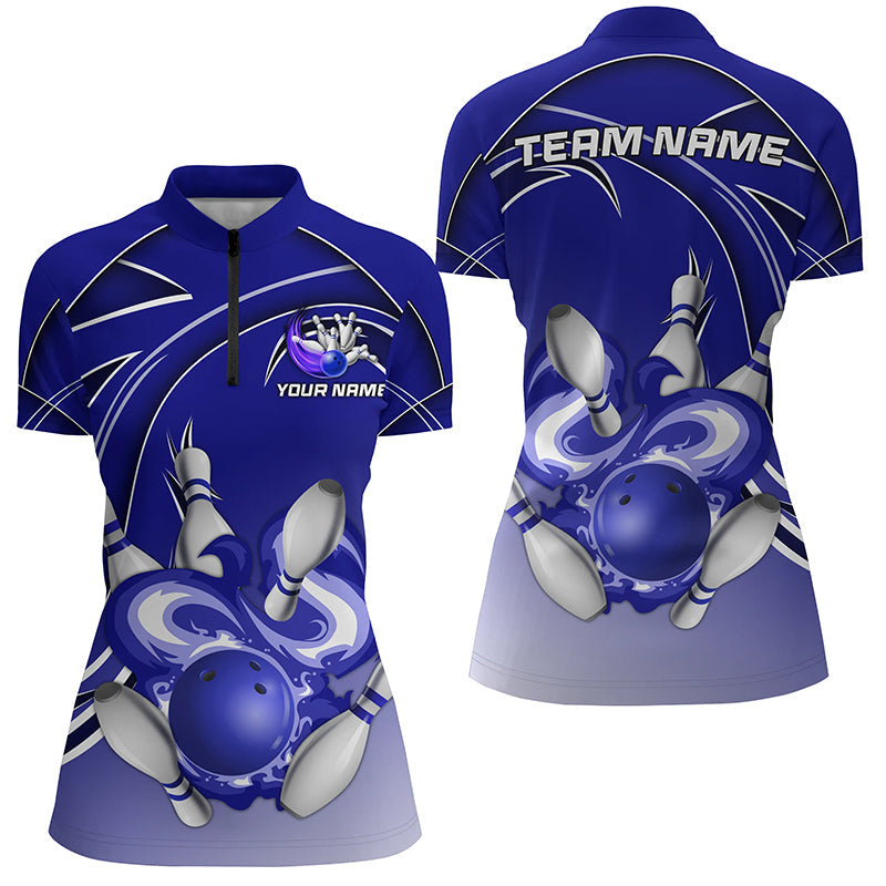 Women's Blue Bowling Quarter Zip Shirt - Custom Team Jersey N7073