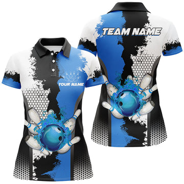 Custom Blue Women's Bowling Polo Shirt - Fire League Jersey N7189