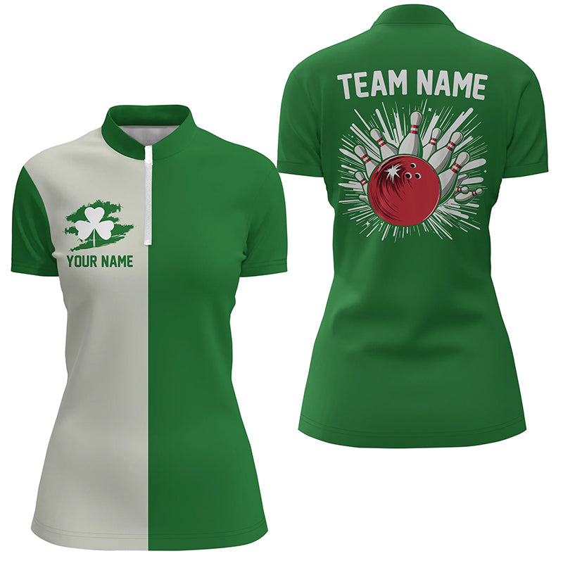 Green Clover Retro Women's Bowling Quarter Zip Shirt - St. Patrick's Day N7193