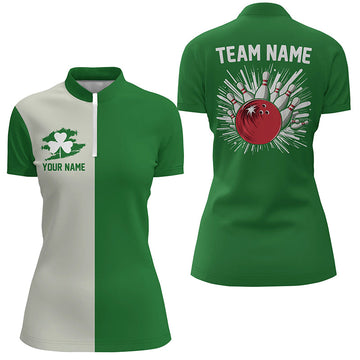 Green Clover Retro Women's Bowling Quarter Zip Shirt - St. Patrick's Day N7193