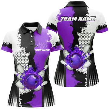 Custom Purple Bowling Polo for Women - Black & White Fire League Design N7669