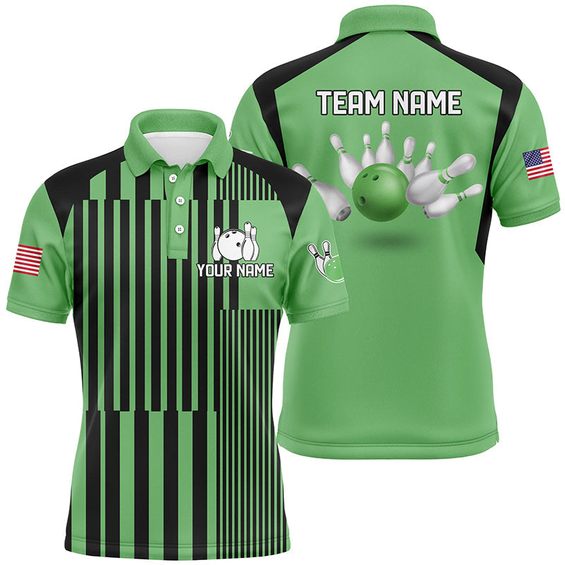 Green & Black Stripe Men's Bowling Polo Shirt - Custom Team Jersey N7349