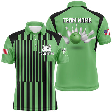 Green & Black Stripe Men's Bowling Polo Shirt - Custom Team Jersey N7349