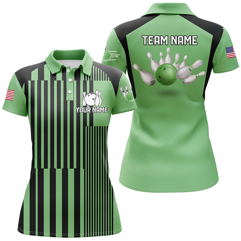 Women's Green & Black Stripe Bowling Polo Shirt - Custom Team Jersey N7349