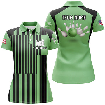 Women's Green & Black Stripe Bowling Polo Shirt - Custom Team Jersey N7349
