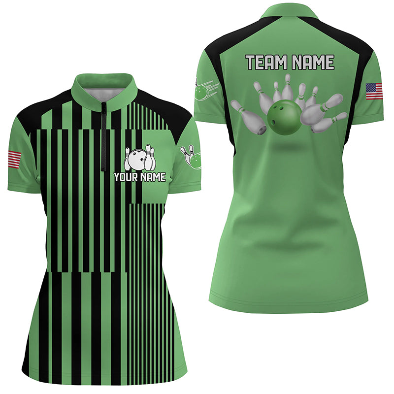 Women's Green & Black Stripe Quarter Zip Bowling Team Jersey N7349