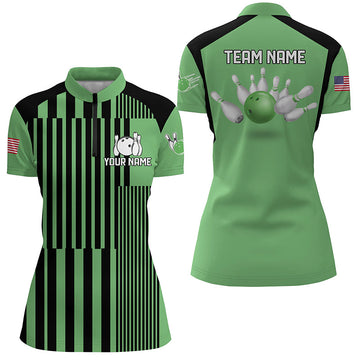 Women's Green & Black Stripe Quarter Zip Bowling Team Jersey N7349