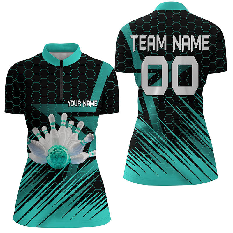 Turquoise Women's 3D Bowling Quarter Zip Jersey N6224