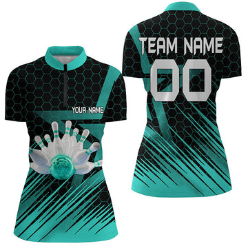 Turquoise Women's 3D Bowling Quarter Zip Jersey N6224