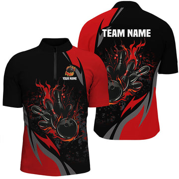 Men's Black & Red Flame Bowling Shirts - Team Jerseys N8346