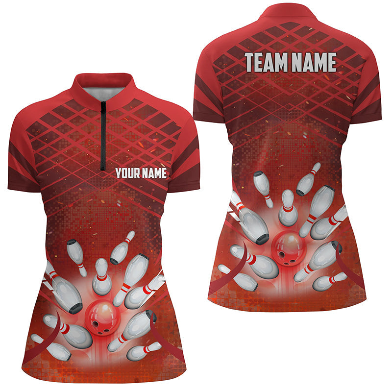 Women's Red Quarter Zip Bowling Jersey N7081