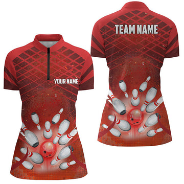 Women's Red Quarter Zip Bowling Jersey N7081