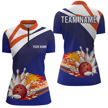 Women's Blue & Orange Bowling Quarter-Zip Shirt - Custom Name N5830
